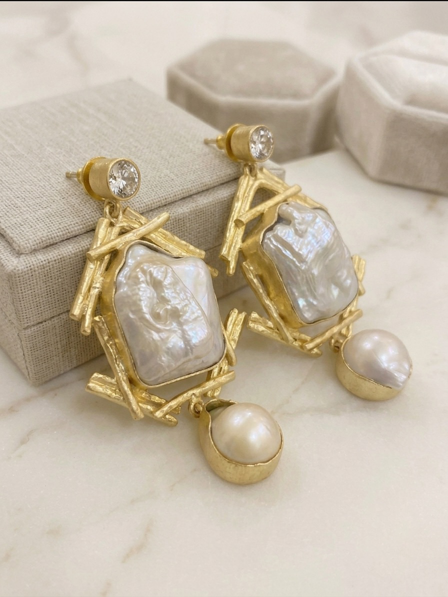 Textured Frame Baroque Pearl Earrings