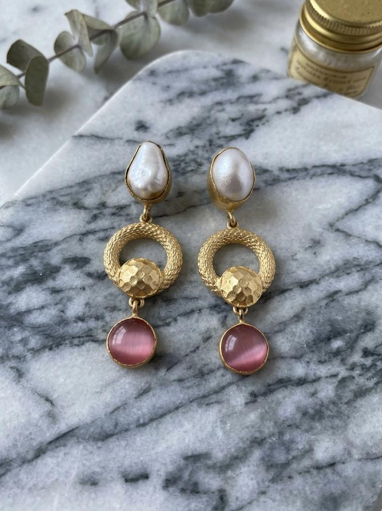 Pink Cat’s Eye Gemstone Drop Earrings