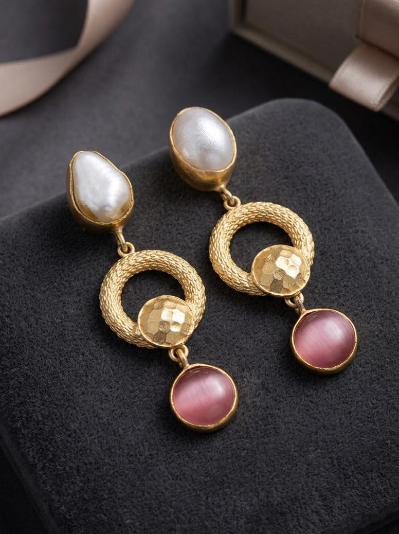 Pink Cat’s Eye Gemstone Drop Earrings